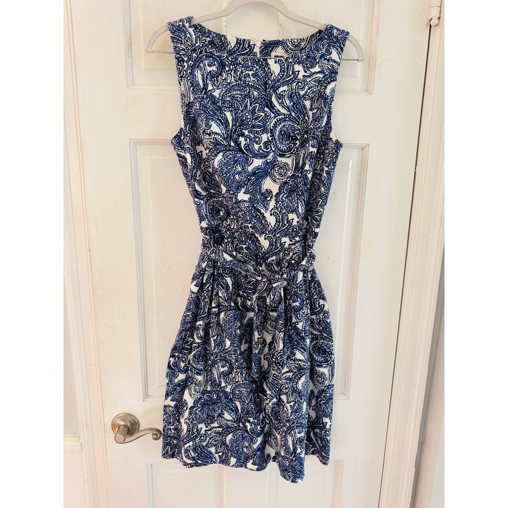Anne Klein‎ Dress Size 4 Blue White Paisley Linen Blend Tie Waist Coastal Resort